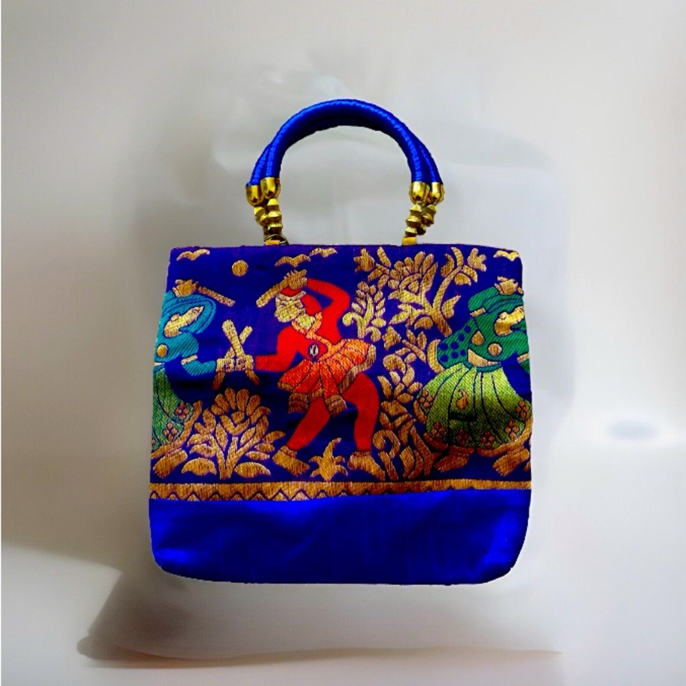 Women’s Handbag Blue With Indian Embroidery Design Zipper Small With Handles